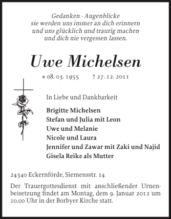 Traueranzeige von Uwe Michelsen von Eckernförder Zeitung