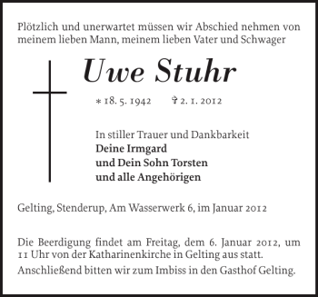 Traueranzeige von Uwe Stuhr von Flensburger Tageblatt