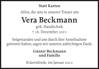 Traueranzeige von Vera Beckmann von Eckernförder Zeitung