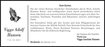 Traueranzeige von Viggo Adolf Hansen von Husumer Nachrichten