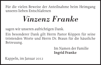 Traueranzeige von Vinzenz Franke von Schlei-Bote
