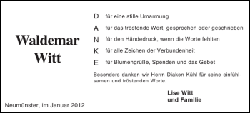 Traueranzeige von Waldemar Witt von Holsteinischer Courier