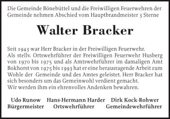 Traueranzeige von Walter Bracker von Holsteinischer Courier