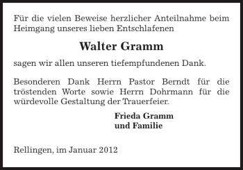 Traueranzeige von Walter Gramm von Pinneberger Tageblatt
