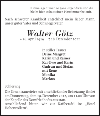 Traueranzeige von Walter Götz von Schleswiger Nachrichten