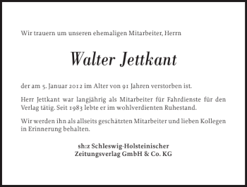 Traueranzeige von Walter Jettkant von Flensburger Tageblatt