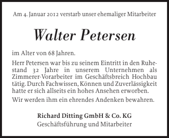 Traueranzeige von Walter Petersen von Landeszeitung