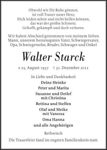 Traueranzeige von Walter Starck von Norddeutsche Rundschau