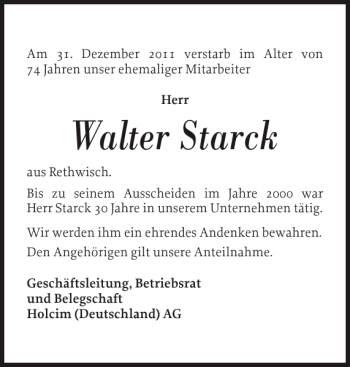 Traueranzeige von Walter Starck von Norddeutsche Rundschau