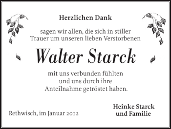 Traueranzeige von Walter Starck von Norddeutsche Rundschau