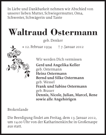 Traueranzeige von Waltraud Ostermann von Holsteinischer Courier
