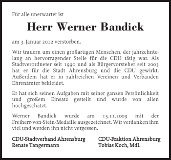 Traueranzeige von Werner Bandick von Stormarner Tageblatt