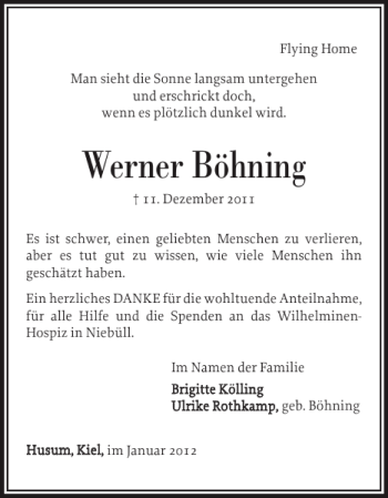 Traueranzeige von Werner Böhning von Husumer Nachrichten