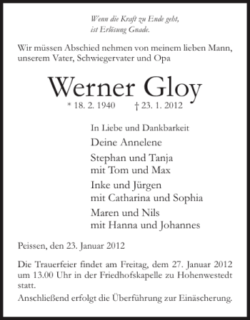 Traueranzeige von Werner Gloy von Norddeutsche Rundschau