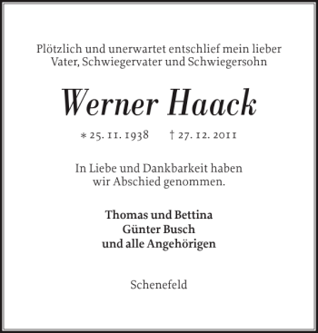 Traueranzeige von Werner Haack von Norddeutsche Rundschau