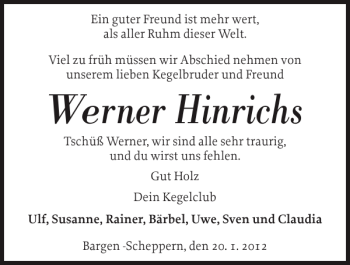 Traueranzeige von Werner Hinrichs von Landeszeitung