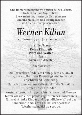 Traueranzeige von Werner Kilian von Norddeutsche Rundschau