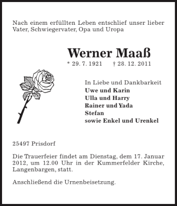Traueranzeige von Werner Maaß von Pinneberger Tageblatt