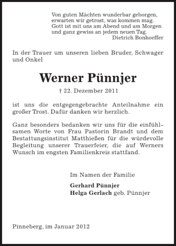 Traueranzeige von Werner Pünnjer von Pinneberger Tageblatt