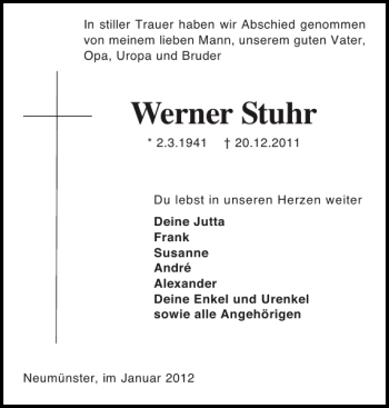 Traueranzeige von Werner Stuhr von Holsteinischer Courier
