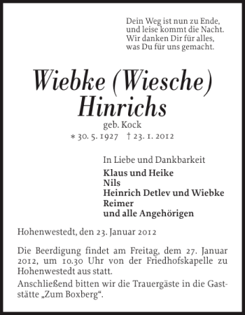 Traueranzeige von Wiebke Wiesche Hinrichs von Landeszeitung