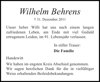 Traueranzeige von Wilhelm Behrens von Flensburger Tageblatt