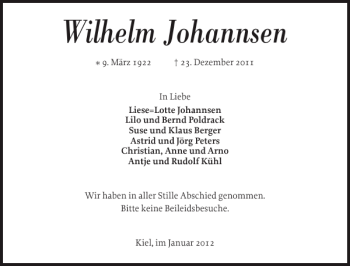 Traueranzeige von Wilhelm Johannsen von Landeszeitung