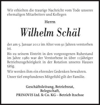 Traueranzeige von Wilhelm Schäl von Norddeutsche Rundschau