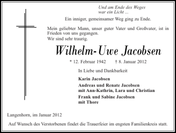 Traueranzeige von Wilhelm-Uwe Jacobsen von Husumer Nachrichten