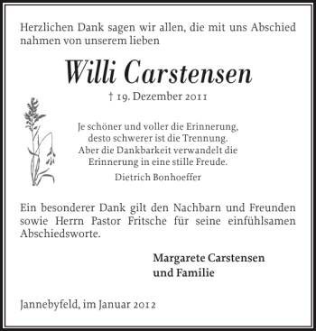 Traueranzeige von Willi Carstensen von Flensburger Tageblatt