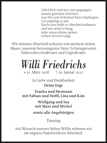Traueranzeige von Willi Friedrichs von Husumer Nachrichten