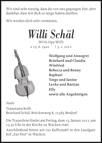 Traueranzeige von Willi Schäl von Norddeutsche Rundschau