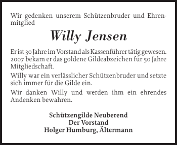 Traueranzeige von Willy Jensen von Schleswiger Nachrichten