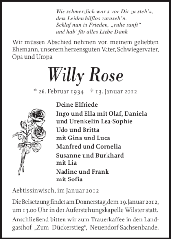 Traueranzeige von Willy Rose von Norddeutsche Rundschau