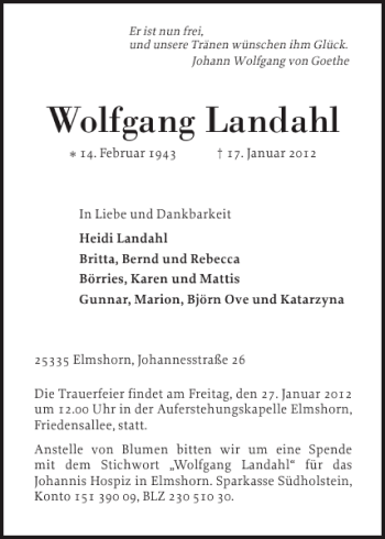 Traueranzeige von Wolfgang Landahl von Elmshorner Nachrichten