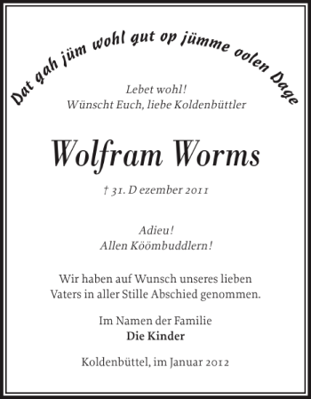 Traueranzeige von Wolfram Worms von Husumer Nachrichten