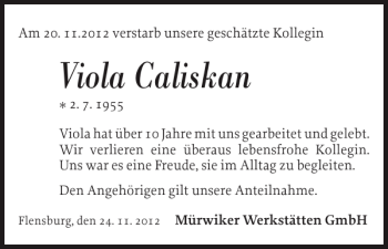 Traueranzeige von Viola Caliskan von Flensburger Tageblatt