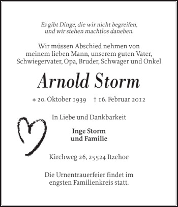 Traueranzeige von Arnold Storm von Norddeutsche Rundschau
