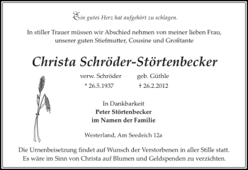 Traueranzeige von Christa Schröder-Störtenbecker von Sylter Rundschau