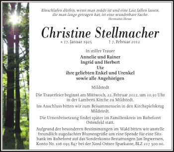 Traueranzeige von Christine Stellmacher von Husumer Nachrichten