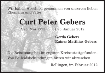 Traueranzeige von Curt Peter Gebers von Pinneberger Tageblatt