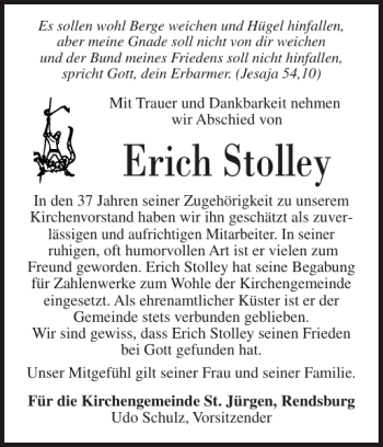 Traueranzeige von Erich Stolley von Flensburger Tageblatt