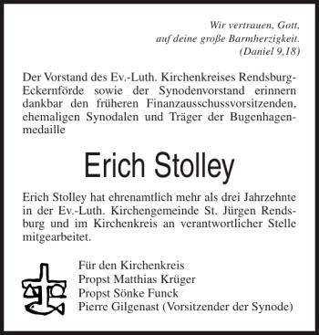 Traueranzeige von Erich Stolley von Flensburger Tageblatt