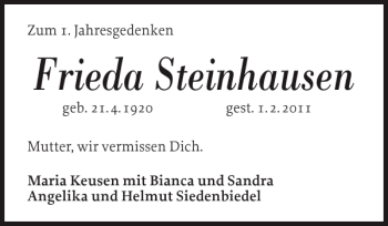 Traueranzeige von Frieda Steinhausen von Holsteinischer Courier