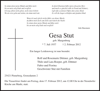 Traueranzeige von Gesa Stut von Pinneberger Tageblatt