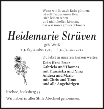Traueranzeige von Heidemarie Strüven von Norddeutsche Rundschau