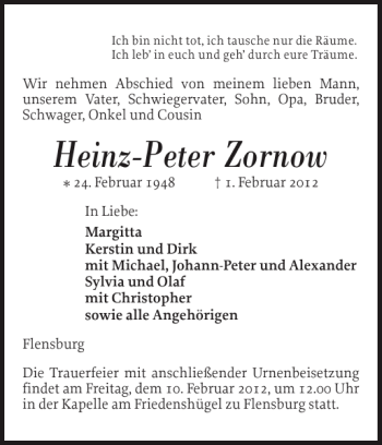 Traueranzeige von Heinz-Peter Zornow von Flensburger Tageblatt