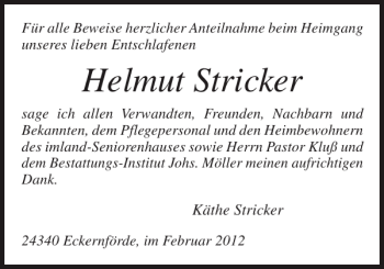 Traueranzeige von Helmut Stricker von Eckernförder Zeitung