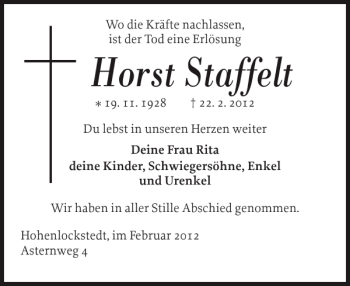 Traueranzeige von Horst Staffelt von Norddeutsche Rundschau