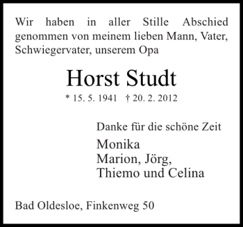 Traueranzeige von Horst Studt von Stormarner Tageblatt